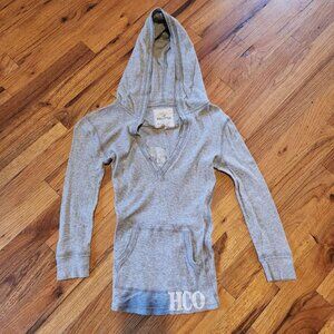 Hollister Womens XS Gray Baby Doll Hooded Shirt 3/4 Sleeve Vee Neck Pocket detai